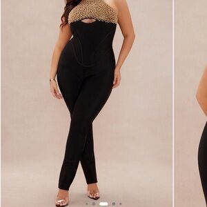 Fashion Nova Black and Gold Strapless Jumpsuit